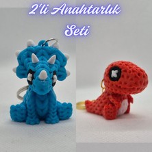 3D Atölye Maker Açık Mavi Örgü Desen Triceratops ve Kırmızı Örgü Desen Hareketli Dino Anahtarlık