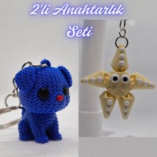3D Atölye Maker  Mavi Örgü Desenli Köpek ve Açık Sarı Hareketli Deniz Yıldızı Anahtarlık