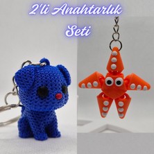 3D Atölye Maker  Mavi Örgü Desenli Köpek ve Turuncu Hareketli Deniz Yıldızı Anahtarlık