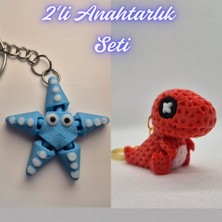 3D Atölye Maker  Açık Mavi Hareketli Deniz Yıldızı ve Kırmızı Örgü Desen Hareketli Dino Anahtarlık