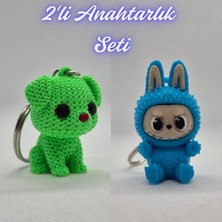 3D Atölye Maker  Açık Yeşil Örgü Desenli Köpek ve Açık Mavi Labubu Anahtarlık
