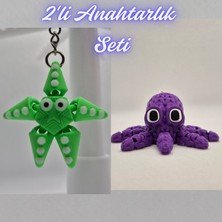 3D Atölye Maker  Yeşil Hareketli Deniz Yıldızı ve Mor Örgü Desen Ahtapot Anahtarlık
