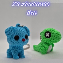 3D Atölye Maker  Açık Mavi Örgü Desenli Köpek ve Yeşil Örgü Desen Hareketli Dino Anahtarlık