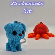 3D Atölye Maker  Açık Mavi Örgü Desenli Köpek ve Turuncu Hareketli Deniz Anası Anahtarlık