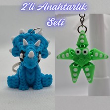 3D Atölye Maker  Açık Mavi Örgü Desen Triceratops ve Yeşil Hareketli Deniz Yıldızı Anahtarlık