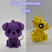 3D Atölye Maker  Mor Örgü Desenli Köpek ve Sarı Örgü Desen Triceratops Anahtarlık