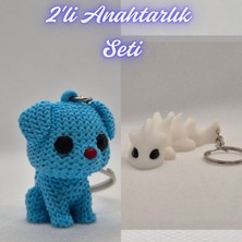 3D Atölye Maker  Açık Mavi Örgü Desenli Köpek ve Beyaz Esnek Ejder Anahtarlık