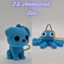 3D Atölye Maker Açık Mavi Örgü Desenli Köpek ve Açık Mavi Şaşkın Ahtapot Anahtarlık