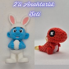 3D Atölye Maker  Şirinler ve Kırmızı Örgü Desen Hareketli Dino Anahtarlık