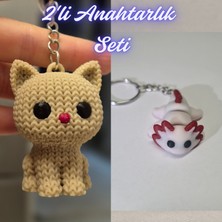 3D Atölye Maker  Krem Örgü Desenli Kedi ve Açık Pembe Esnek Axolot Anahtarlık