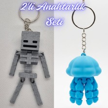 3D Atölye Maker  Gümüş MineCraft Skeleton ve Açık Mavi Hareketli Deniz Anası Anahtarlık