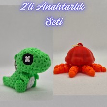 3D Atölye Maker  Yeşil Örgü Desen Hareketli Dino ve Turuncu Hareketli Deniz Anası Anahtarlık