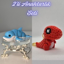 3D Atölye Maker  Açık Mavi Esnek Renkli Yunus ve Kırmızı Örgü Desen Hareketli Dino Anahtarlık