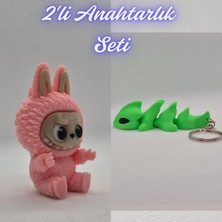 3D Atölye Maker  Açık Pembe Labubu ve Yeşil Esnek Ejder Anahtarlık