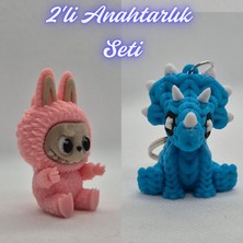 3D Atölye Maker  Açık Pembe Labubu ve Açık Mavi Örgü Desen Triceratops Anahtarlık