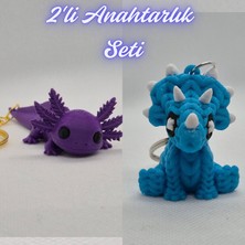 3D Atölye Maker  Mor Esnek Büyük Axolot ve Açık Mavi Örgü Desen Triceratops Anahtarlık