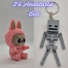 3D Atölye Maker  Açık Pembe Labubu ve Gümüş MineCraft Skeleton Anahtarlık