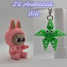 3D Atölye Maker  Açık Pembe Labubu ve Yeşil Hareketli Deniz Yıldızı Anahtarlık