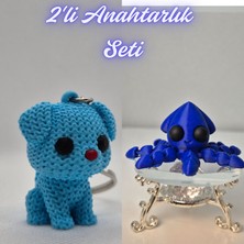 3D Atölye Maker  Açık Mavi Örgü Desenli Köpek ve Mavi Kalamar Anahtarlık