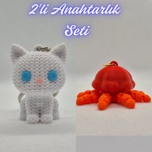 3D Atölye Maker  Beyaz Örgü Desenli Kedi ve Turuncu Hareketli Deniz Anası Anahtarlık