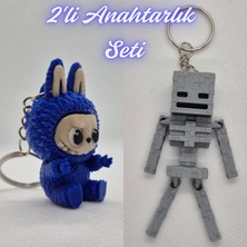 3D Atölye Maker  Mavi Labubu ve Gümüş MineCraft Skeleton Anahtarlık