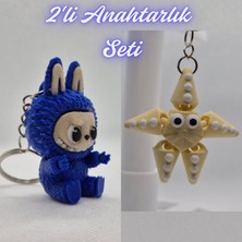 3D Atölye Maker  Mavi Labubu ve Açık Sarı Hareketli Deniz Yıldızı Anahtarlık