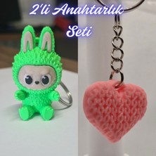 3D Atölye Maker  Yeşil Labubu ve Açık Pembe Örgü Desenli Kalp Anahtarlık
