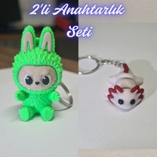 3D Atölye Maker  Yeşil Labubu ve Açık Pembe Esnek Axolot Anahtarlık
