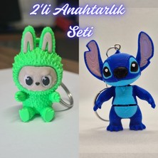 3D Atölye Maker  Yeşil Labubu ve Mavi Esnek Stitch Anahtarlık