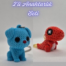3D Atölye Maker Açık Mavi Örgü Desenli Köpek ve Kırmızı Örgü Desen Hareketli Dino Anahtarlık