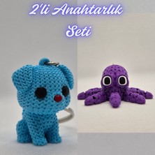 3D Atölye Maker Açık Mavi Örgü Desenli Köpek ve Mor Örgü Desen Ahtapot Anahtarlık