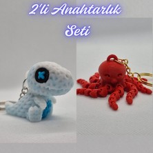 3D Atölye Maker  Beyaz Örgü Desen Hareketli Dino ve Pembe Ahtapot  Anahtarlık