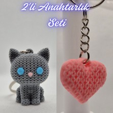 3D Atölye Maker  Gümüş Örgü Desenli Kedi ve Açık Pembe Örgü Desenli Kalp Anahtarlık