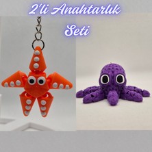 3D Atölye Maker  Turuncu Hareketli Deniz Yıldızı ve Mor Örgü Desen Ahtapot Anahtarlık