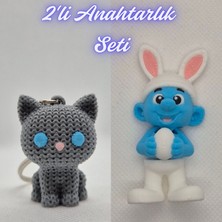 3D Atölye Maker  Gümüş Örgü Desenli Kedi ve Şirinler Anahtarlık