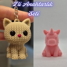 3D Atölye Maker  Krem Örgü Desenli Kedi ve Açık Pembe Unicorn Anahtarlık