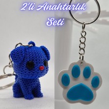 3D Atölye Maker  Mavi Örgü Desenli Köpek ve Açık Mavi Kedi Patisi Anahtarlık