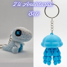 3D Atölye Maker  Beyaz Örgü Desen Hareketli Dino ve Açık Mavi Hareketli Deniz Anası Anahtarlık