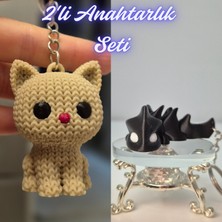 3D Atölye Maker  Krem Örgü Desenli Kedi ve Siyah Esnek Ejder Anahtarlık