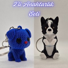 3D Atölye Maker  Mavi Örgü Desenli Köpek ve Siyah Border Esnek Köpek Anahtarlık
