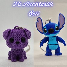 3D Atölye Maker Mor Örgü Desenli Köpek ve Mavi Esnek Stitch Anahtarlık