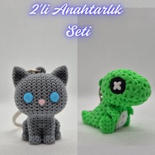 3D Atölye Maker Gümüş Örgü Desenli Kedi ve Yeşil Örgü Desen Hareketli Dino Anahtarlık