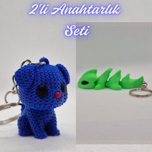 3D Atölye Maker  Mavi Örgü Desenli Köpek ve Yeşil Esnek Ejder Anahtarlık