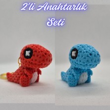 3D Atölye Maker  Kırmızı Örgü Desen Hareketli Dino ve Açık Mavi Örgü Desen Hareketli Dino Anahtarlık