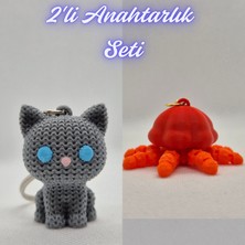 3D Atölye Maker  Gümüş Örgü Desenli Kedi ve Turuncu Hareketli Deniz Anası Anahtarlık