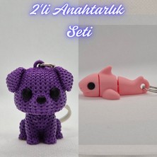 3D Atölye Maker  Mor Örgü Desenli Köpek ve Açık Pembe Esnek Köpek Balığı Anahtarlık