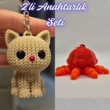 3D Atölye Maker  Krem Örgü Desenli Kedi ve Turuncu Hareketli Deniz Anası Anahtarlık