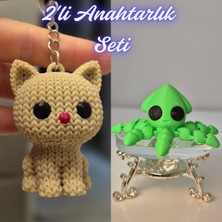 3D Atölye Maker  Krem Örgü Desenli Kedi ve Açık Yeşil Kalamar Anahtarlık