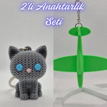 3D Atölye Maker  Gümüş Örgü Desenli Kedi ve Yeşil Uçak Anahtarlık