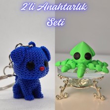 3D Atölye Maker  Mavi Örgü Desenli Köpek ve Açık Yeşil Kalamar Anahtarlık